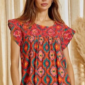 Savanna Jane Floral Embroidered Geometric Print Blouse Medium